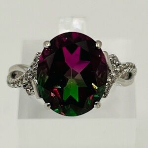 ‘Watermelon’ Quartz Solitaire S925 Ring. Split Shanks with Austrian Crystals.